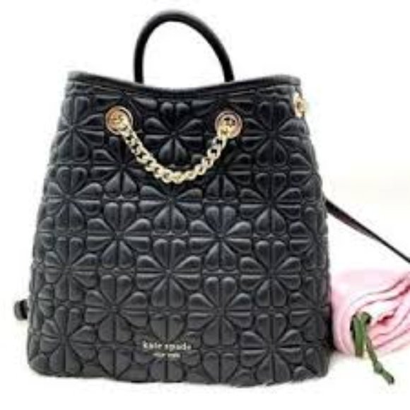 Kate Spade New York Bloom Logo Quilted Leather Backpack Black Drawstring Chain - Picture 1 of 14
